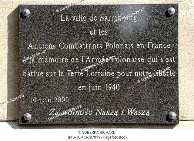 France, Moselle, Sarrebourg, Military cemetery, commemorative plaque to polish soldiers died in Lorraine during the second World War