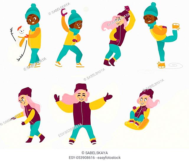 Set of kids, children, girls doing winter activities, having fun, cartoon vector illustration isolated on white background