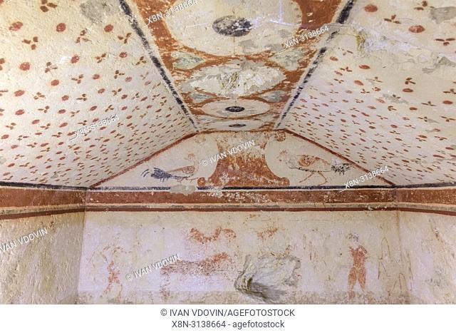 Tomb interior, Monterozzi necropolis, Tarquinia, Lazio, Italy