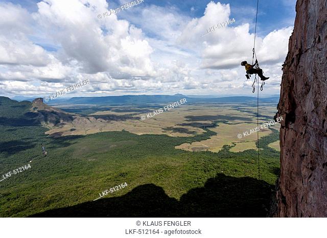 Climber ascending on a fixed rope, Acopan Tepui, Macizo de Chimanta, Venezuela