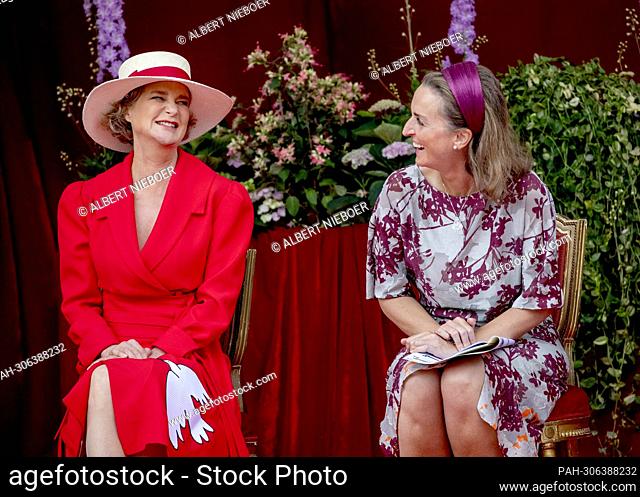 Princess Delphine of Saksen-Coburg and Princess Claire of Belgium at the Paleizenplein in Brussel, on July 21, 2022, to attend the Defile on the occasion of the...