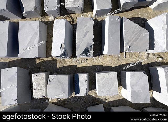 Aerial photographic documentation of a deposit of marble blocks in Carrara Italy
