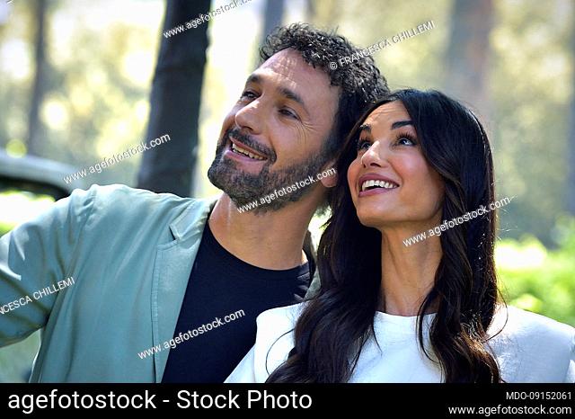 Italian actor Raoul Bova together with the Italian actress Francesca Chillemi attends a photocall for the movie Chip 'n' Dale: Rescue Rangers, at Villa Borghese