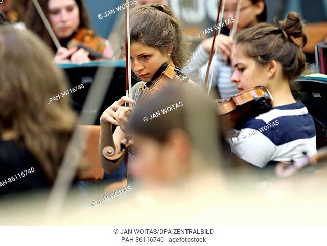 String players of the federal youth orchestra rehearse in Colditz, Germany, 7 January 2013. The principle conductor of Dresden's philharmonic orchestra will...