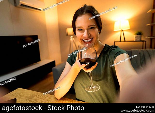 Wine Drinking Woman Selfie Fun At Home