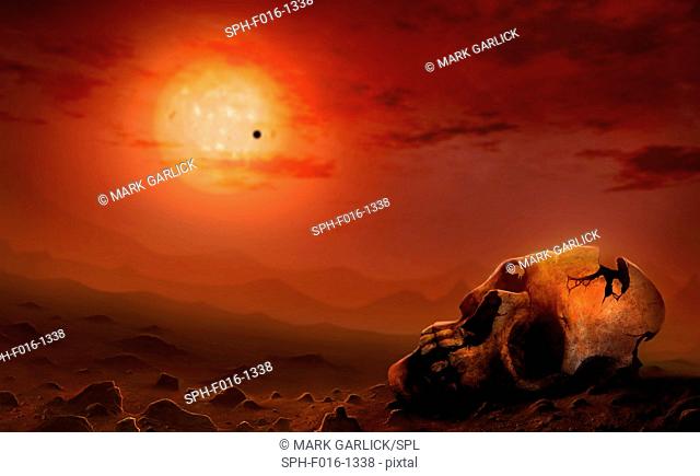Illustration depicting the end of life on Earth, after the Sun turns into a red giant. A human skull is seen in the foreground