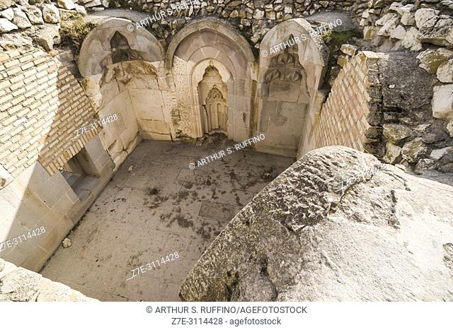 Architectural detail. High angle view. Caravanserai of Agzikarahan, 13th century caravan inn for merchants, Cappadocia, Turkey