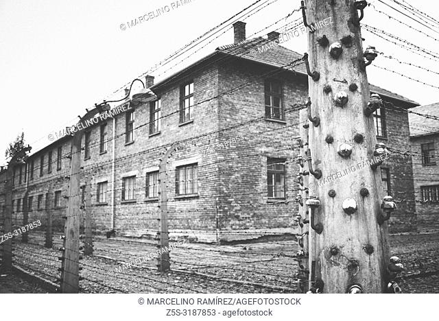 Auschwitz Nazi concentration and extermination camp. Electrified fences. Auschwitz, German-occupied, Poland, Europe