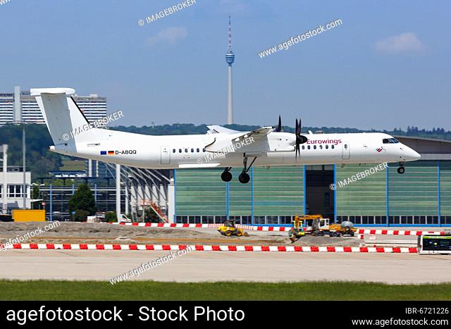 A Bombardier DHC-8-400 of Eurowings with the registration D-ABQQ lands at Stuttgart Airport, Germany, Europe