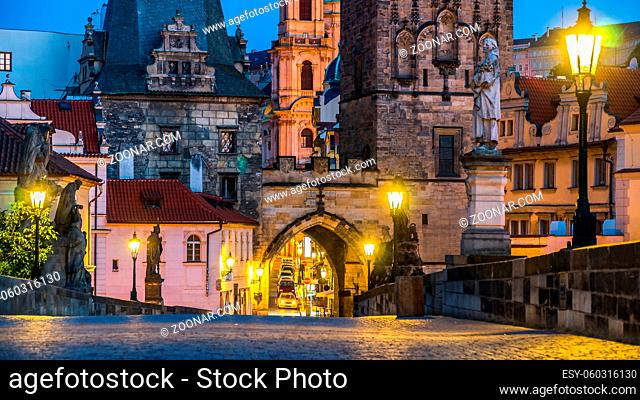 Architecture of Charles Bridge in Prague at early morning