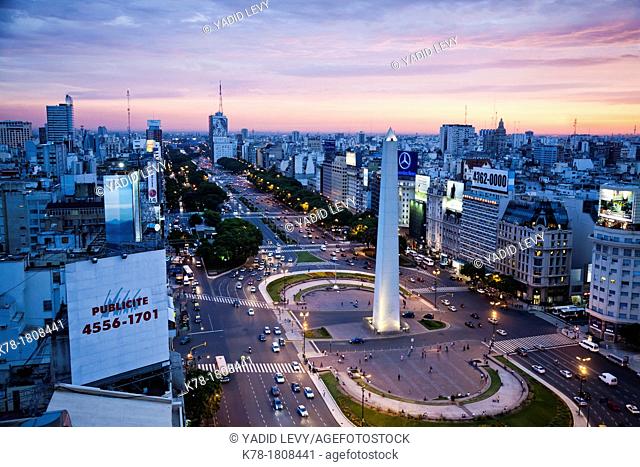 View over Avenida 9 Julio and the obelisk in Plaza Republica, Buenos Aires, Argentina