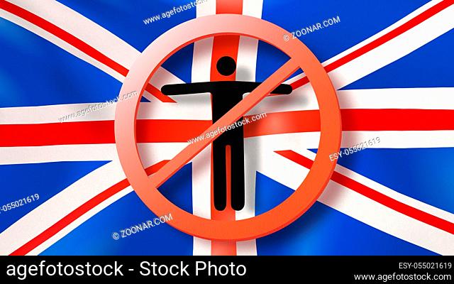 Warning sign with crossed out man on the background of British flag. Restriction of entry into Great Britain. Coronavirus, Covid 19 pandemic, Quarantine concept