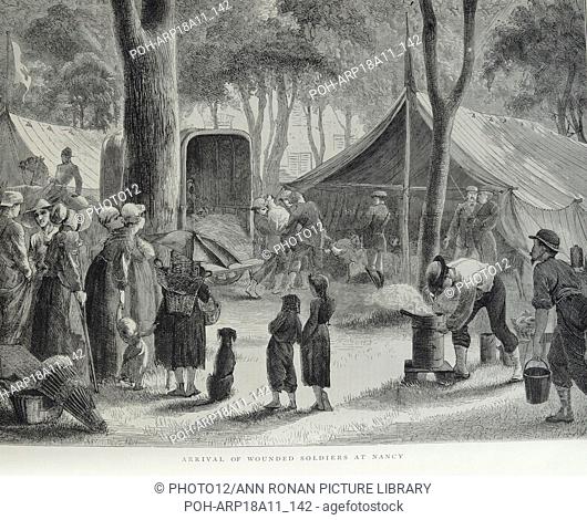 Engraving depicts the arrival of the wounded soldiers in Nancy. Dated 1870