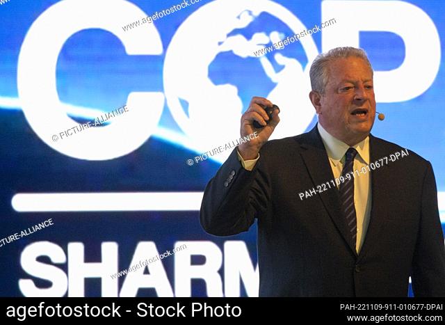 09 November 2022, Egypt, Sharm El-Sheikh: US Former Vice President Al Gore speaks during the RACE Greenhouse Gas Inventory launch at the plenary hall during the...