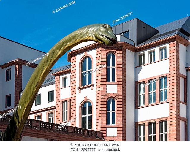 model of a diplodocus in front of the senckenberg naturmuseum, frankfurt am main, germany