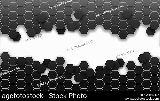 Hexagonal dark grey grid with blank white space for text or logo. Modern luxury futuristic background illustration