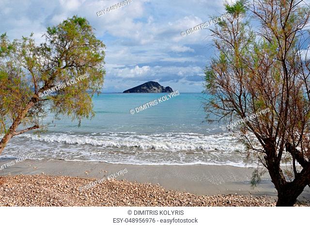 Keri beach in Zakynthos Greece and Marathonisi island natural habitat of the caretta-caretta sea turtle