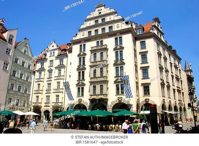 Orlando-Haus building on the Platzl, square with restaurant, downtown, old town, Munich, capital, Upper Bavaria, Bavaria, Germany, Europe