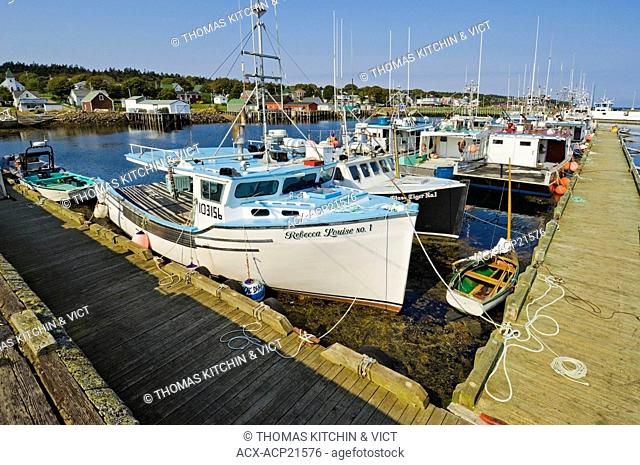 Fishing boats in harbour shortly after low tide at Westport, Brier Island, Nova Scotia, Canada. No release