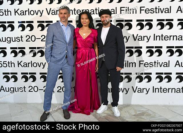 L-R director Philip Barantini, actress Lourdes Faberes and producer Bart Ruspoli attended presentation of the film Boiling Point at the 55th Karlovy Vary...