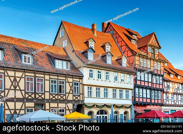 Sstreet with historical half-timbered houses in Quedlinburg, Germany