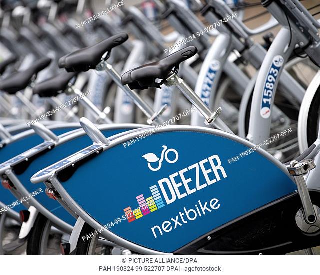 22 March 2019, Berlin: Rental bicycles from the sharing provider Deezer nextbike are available at Potsdamer Platz. Photo: Monika Skolimowska/dpa-Zentralbild/dpa