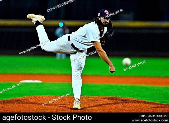 Austin Hassani (GBR) in action during the European Baseball Championship final, Spain vs Britain, at the YD Baseball Arena Brno, Czech Republic, on October 1