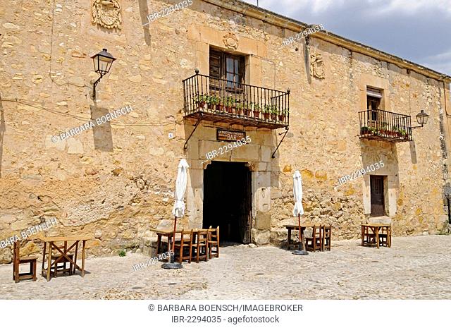 Bar, Plaza Mayor square, village of Pedraza de la Sierra, province of Segovia, Castilla y Leon, Castile and León, Spain, Europe, PublicGround
