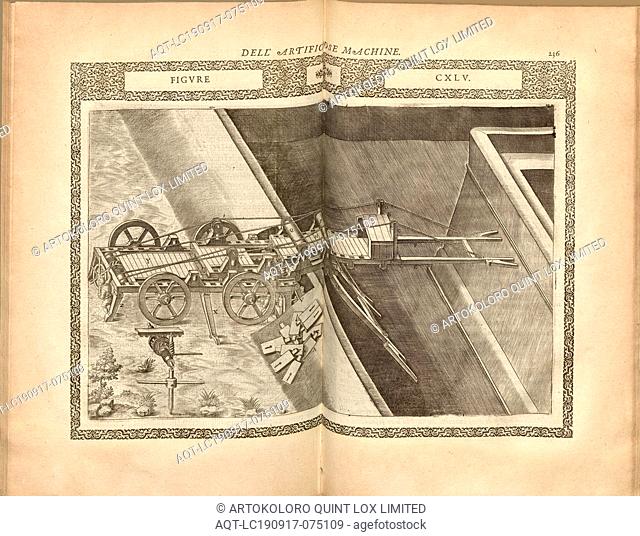 Mobile Brückenkonstruktion (6), Mobile Bridge Construction, Copper Engraving, Fig. CXLV, p. 236, 1588, Agostino Ramelli: Le diverse et artificiose machine del...