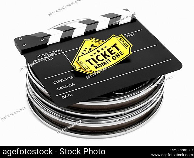Film reels, clapboard and cinema tickets isolated on white background. 3D illustration