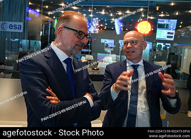 12 April 2022, Hessen, Darmstadt: Josef Aschbacher (l), Director General of the European Space Agency ESA, and Rolf Densing