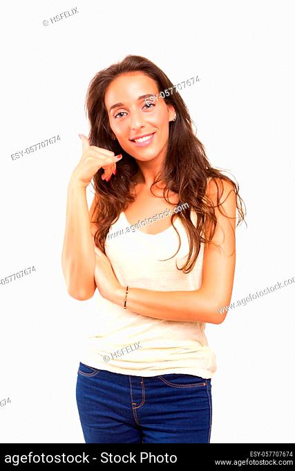 Happy young student making ""call me"" sign with hand
