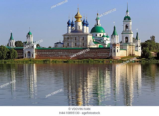 Rostov, Yaroslavl region, Russia, Golden ring, city, town, architecture, church, Russian, Blue sky, St James, Spaso-Yakovlevsky Monastery, Lake Nero, water