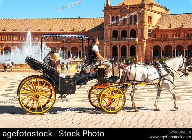 Horse carriage in Seville, plaza de Espana in the background, Andalusia, Spain