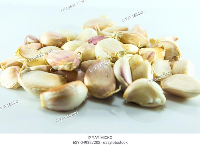 Garlic on white background, Pungent odor spices