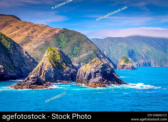 Cook Strait, New Zealand: View from the ferry that crosses between the North and the South Island entering the Marlborough Sound