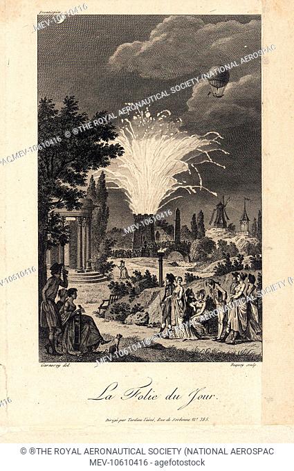 La Folie du Jour - The Madness of the Day, showing a group of Parisians in a park, enjoying a firework display erupting from a tower
