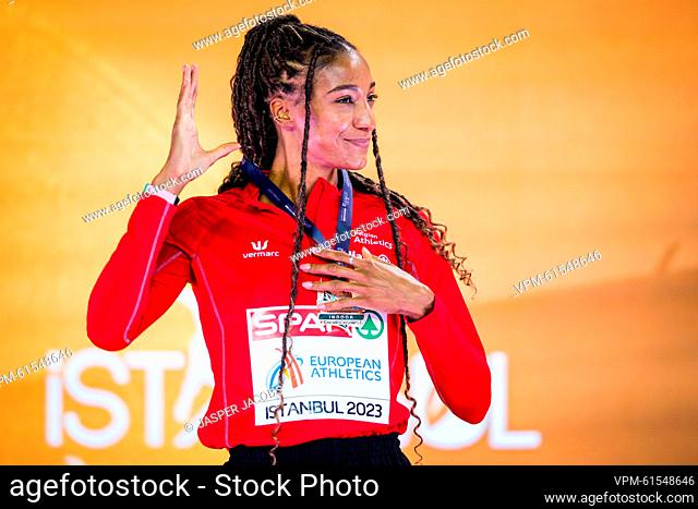 Belgian Nafissatou Nafi Thiam pictured on the podium ceremony of the women's pentathlon competition at the 37th edition of the European Athletics Indoor...