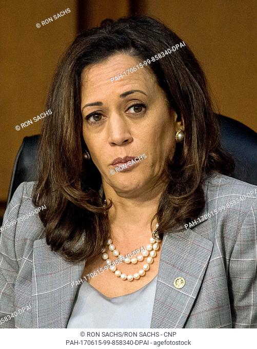 United States Senator Kamala Harris (Democrat of California) listens as US Attorney General Jeff Sessions gives testimony before the US Senate Select Committee...