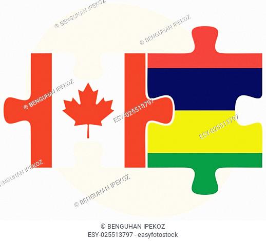 Canada and Mauritius Flags in puzzle isolated on white background