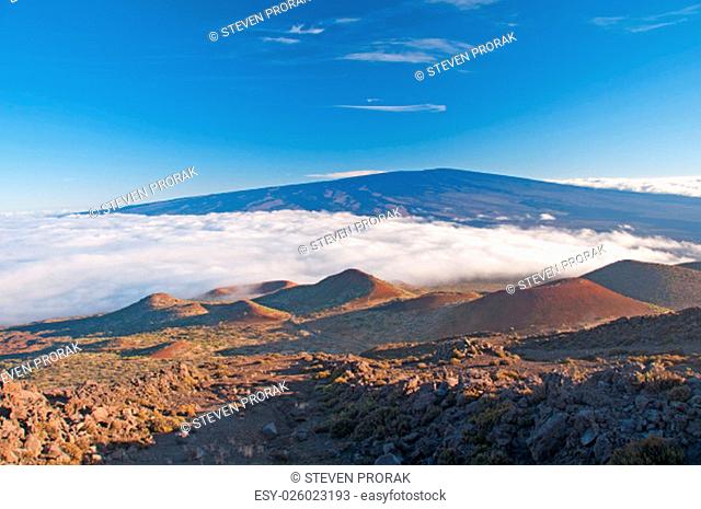 View of Mauna Loa from the slopes of Mauna Kea in the late evening
