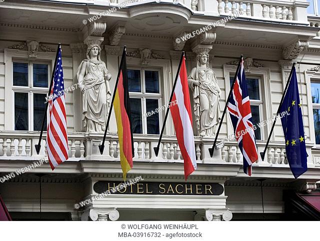 Austria, Vienna, Kärntner Street, hotel Sacher, entrance-area, balcony, statues, flags, capital, hotel-buildings, tradition-hotel, famous, universally known