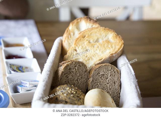 Breads and salts on table at gourmet restaurant Spain