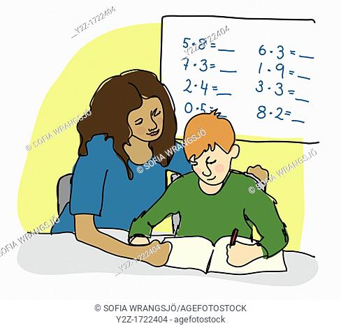 Female teacher teaching a boy multiplication