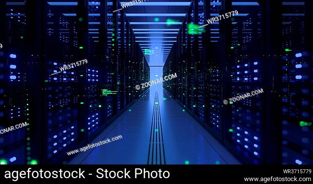 Data Center Computer Racks In Network Security Server Room. Cryptocurrency Mining Farm or Hosting Storage Connected Dots Programming Code And Binary Concept