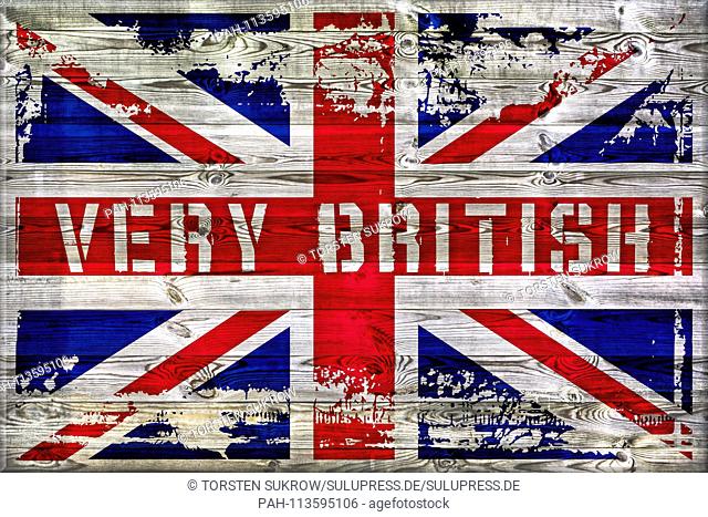 A rustic wooden sign with the British Union Jack and the inscription VERY BRITISH. This wooden sign in a rustic look symbolizes, among other things