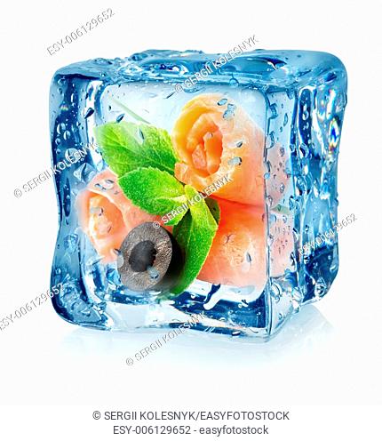 Fish rolls in ice cube isolated on a white background