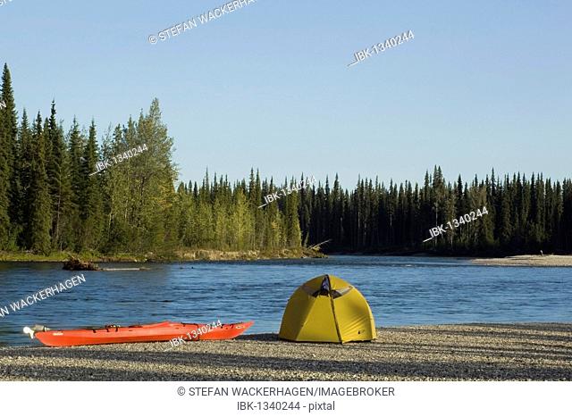 Tent, camp, kayak, gravel bar, upper Liard River, Yukon Territory, Canada