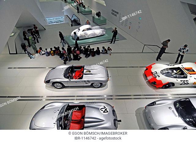 Interior view with visitors, New Porsche Museum, 2009, Stuttgart, Baden-Wuerttemberg, Germany, Europe