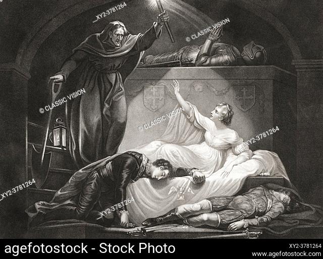 Illustration for William Shakespeareâ. . s play Romeo and Juliet, Act V, Scene III. From an 18th century engraving by John Simon after a work by James Northcote
